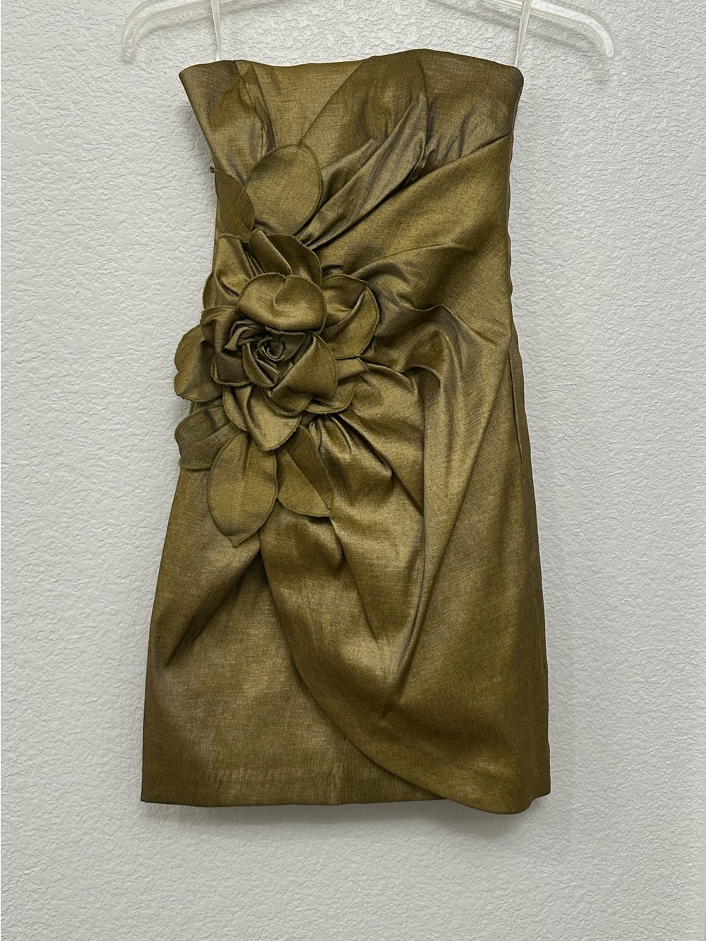 Strapless Olive Green Floral Appliqué Cocktail Dress